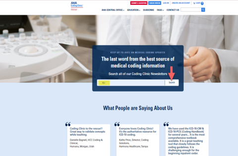 AHA Coding Clinic website homepage highlighting the search function.