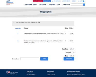 AHA Coding Clinic website shopping cart with Q&As in the cart totaling 40 dollars.