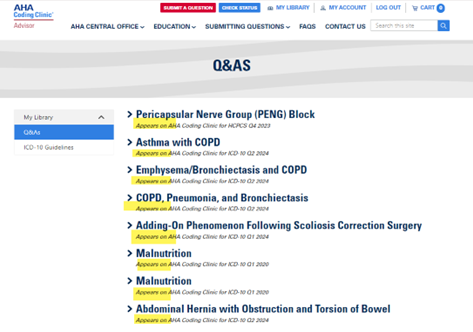 My Library page on the AHA Coding Clinic advisor website. 